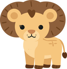 Fototapeta premium Adorable cartoon lion cub stands cheerfully on a white background