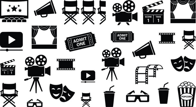Cinema and movie production icons set, film industry elements megaphone clapperboard camera tickets popcorn vector collection