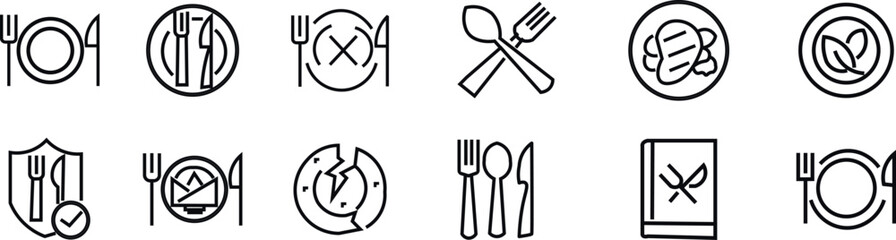 Set of black line icons for food and dining plate