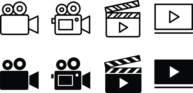Video production and movie camera icons set, clapperboard and media player outline and glyph vector illustration collection