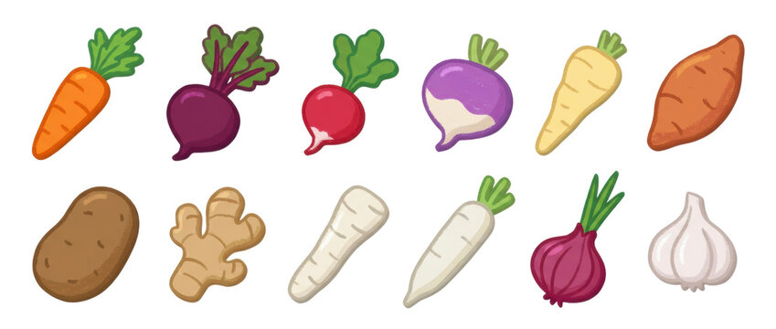 Colorful collection of various root vegetables illustrated in a cute, hand-drawn style with a painterly texture, including carrot, beet, potato, onion, and garlic