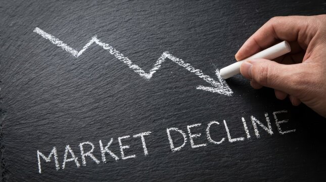 A hand uses white chalk to draw a downward trending arrow and 'MARKET DECLINE' text on a dark chalkboard surface