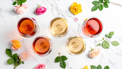 Ros&eacute;wein-Verkostung mit Rosen auf Marmor