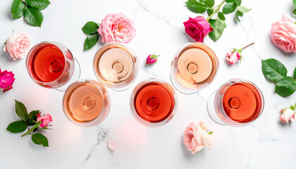 Ros&eacute;wein-Verkostung mit Rosen auf Marmor