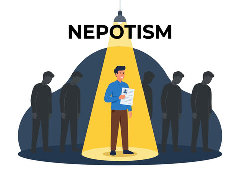 Man Highlighted Under Spotlight Demonstrating Nepotism Concept. Vector Illustration. EPS Editable