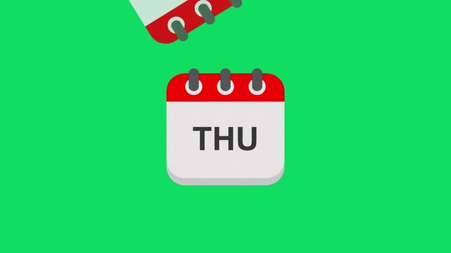 animated weekly planner pages turning on green screen. calendar flipping weekly pages animation on green background. 4k weekly calendar flipping loop for chroma key editing.
