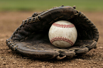 Old worn baseball resting inside a vintage dark brown leather baseball glove on a dirt infield close-up view
