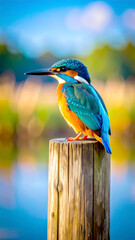 Eisvogel auf Holzpfahl am Wasser