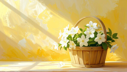 Wei&szlig;e Bl&uuml;ten im Holzeimer vor gelbem Hintergrund