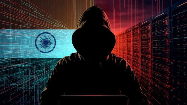 Silhouette of a hooded figure in front of a split background of the Indian flag and server racks hacker