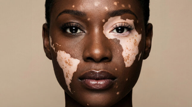 Beautiful Black woman with vitiligo shaped like a world map on her face, close-up beauty portrait showing unique skin condition diversity against a neutral beige background.