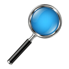 A blue magnifying glass on a white background