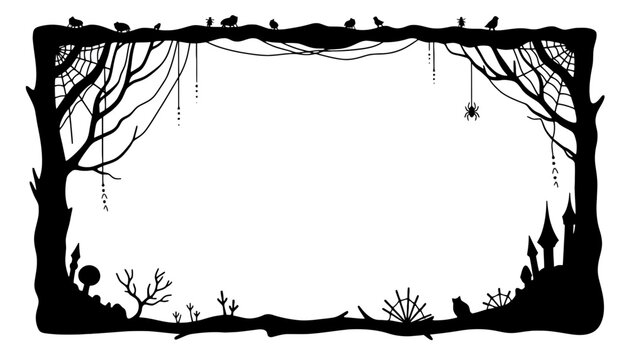A spooky tree silhouette frame with birds and spider webs illustration