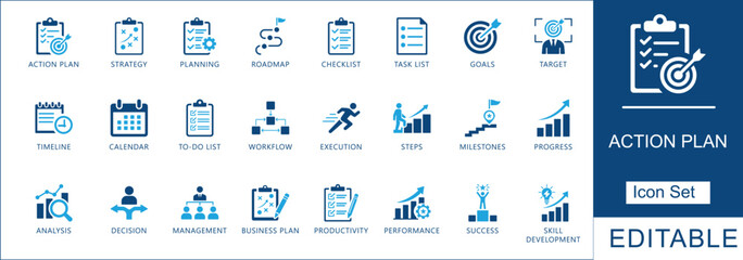 Action plan icon set. Blue vector symbols for business planning, project milestones, workflow execution, productivity, and success. Editable design. © ICONIC_FLOW