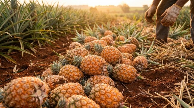 Gloved worker's hands near a large pile of freshly harvested ripe pineapples on red soil in a sunny plantation field