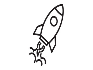 A simple line drawing of a rocket ship blasting off into space with flames