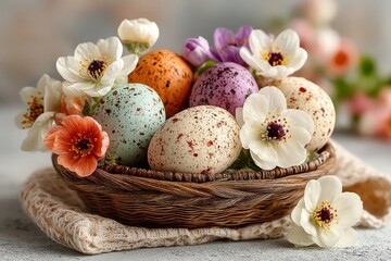 Obraz premium Colorful easter eggs in basket with spring flowers on pastel background