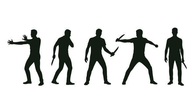 A man silhouette vector illustration with various fighting poses and knives