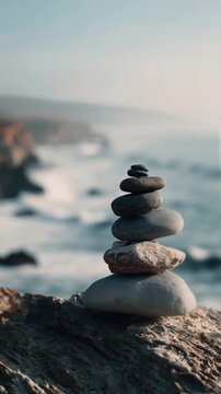 Serene stone cairn on a coastal cliff embodies zen tranquility, wabi sabi beauty, and minimalist harmony in a calming natural landscape