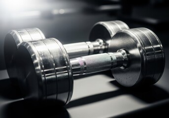 Fototapeta premium A shiny dumbbell on a dark background