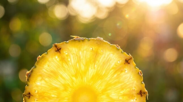 Translucent golden pineapple slice glows yellow brilliantly backlit by bright sun rays and soft bokeh