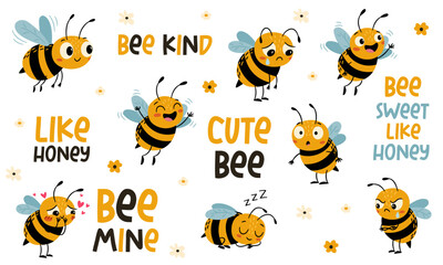 A set of cute vector illustrations in a simple style. Cute bees with different emotions and inscriptions with daisies. Vector illustration