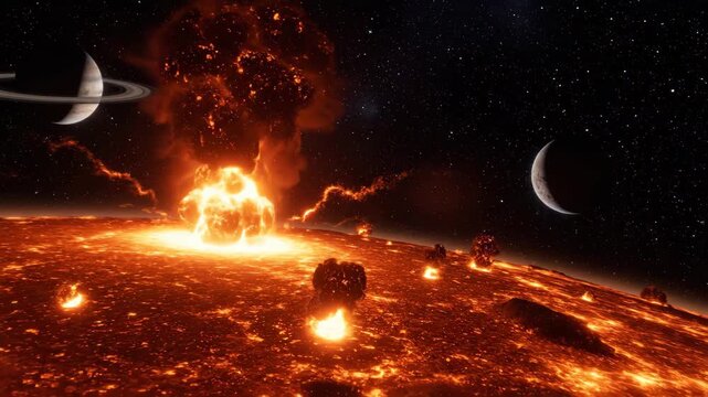 A surreal supernova explosion of fire erupts within a deep space nebula, scattering burning gas and cosmic dust across a vibrant galaxy of alien light and energy