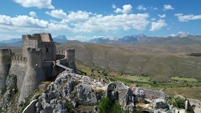 Circular birds-eye view on castle Rocca Calascio 4k drone