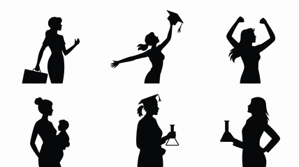 Obraz premium Empowering silhouettes of women in various professional and personal roles symbolizing strength and independence in career and daily life