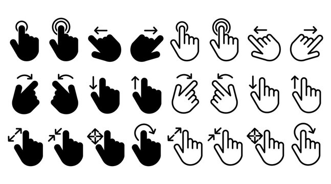Touch screen hand gestures icon set for mobile interface design showing swiping scrolling tapping and zooming actions in solid black and thin outline versions