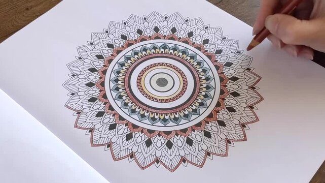 Human hand coloring a mandala in an adult coloring page using colored pencils. Art creativity relaxation, stress relieving concept