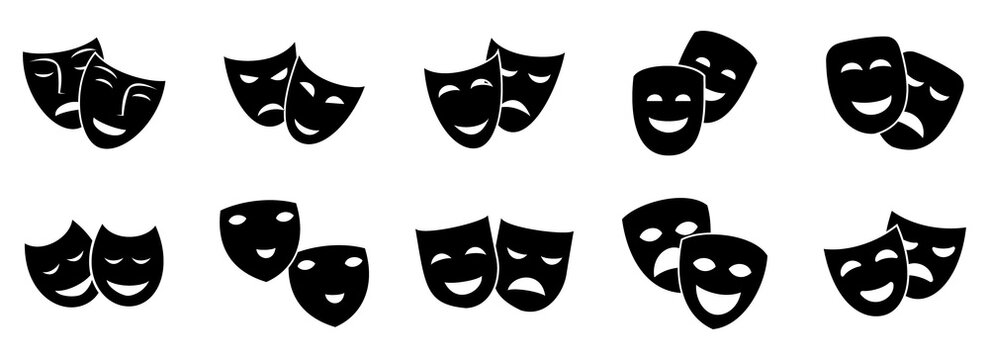 Theater mask icons representing drama and comedy performance through tragedy and happiness facial expressions in various black silhouette styles and positions