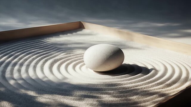 Minimalist zen garden with raked sand and a smooth sphere, embodying wabi sabi aesthetics and tranquil design for serene, mindful spaces