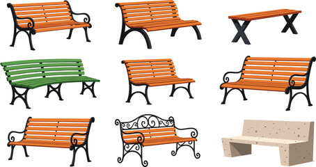 Fototapeta premium Park Bench Vector Set with Wooden Outdoor Seating Furniture Isolated Garden and City Bench Collection