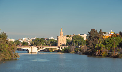Obraz premium The Torre del Oro and San Telmo Bridge Over the Guadalquivir River in Seville