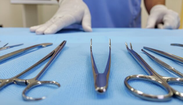 Surgical Precision: A close-up showcases a collection of gleaming surgical tools laid out meticulously on a sterile surface, suggesting precision and care, in a clinical environment.
