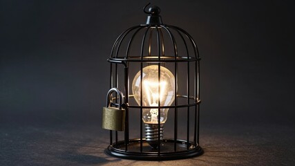 Light bulb trapped inside locked birdcage symbolizing suppressed ideas or lack of creativity or inspiration concept
