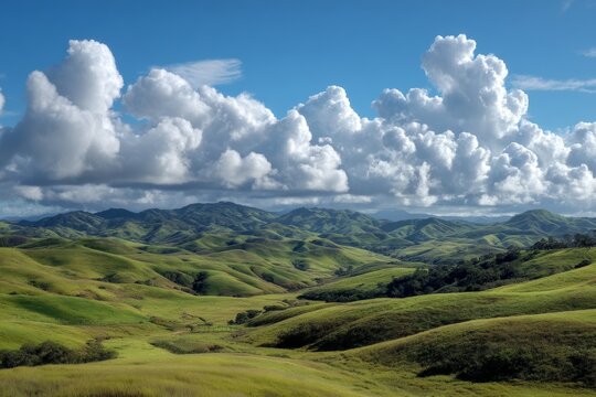 Rolling green hills under blue sky with fluffy clouds