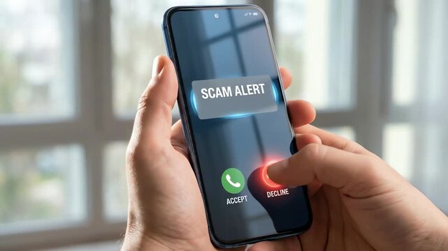 Hands hold smartphone, 'SCAM ALERT' on screen, user declines suspicious call, emphasizing digital safety indoors.
