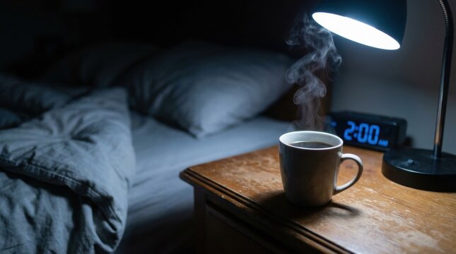 Steaming coffee mug on a wooden nightstand a lit desk lamp and digital clock showing 2 00 AM Unmade bed in a dark room
