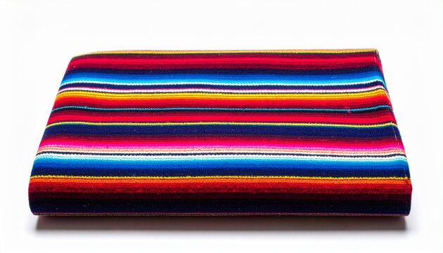Folded Striped Serape Blanket with Blue Red and Yellow on White Background