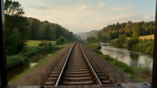 A cinematic view from the rear of a moving train reveals parallel railway tracks receding into a vast picturesque landscape under a soft hazy horizon.