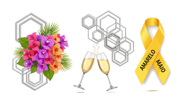 A vibrant illustration celebrating a special occasion with flowers, champagne, and a yellow ribbon