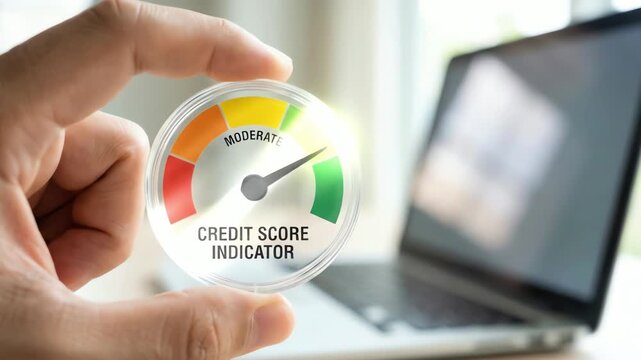 Hand holding a credit score indicator in front of a laptop, showing a moderate score for financial evaluation.