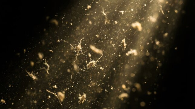 Close up of microscopic dust particles fibers and lint floating in a beam of light against a dark background