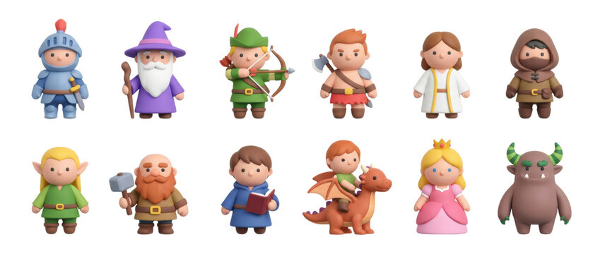Charming collection of cute 3D fantasy characters including a knight, wizard, archer, and princess, rendered in a soft, minimalist claymation style for a role-playing game
