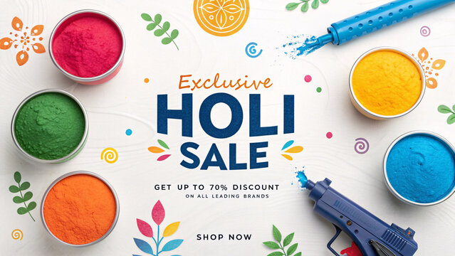 Exclusive Holi Sale Banner with Colorful Gulal Bowls, Water Guns and Up to 70% Discount Offer on White Background