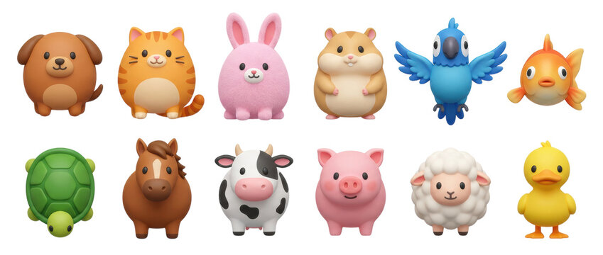 Collection of twelve cute 3D animal characters featuring pets and farm animals like a dog, cat, pig, and sheep, rendered in a charming and playful cartoon toy style