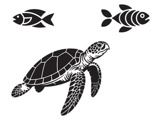 Fototapeta premium Minimalist vector icons of a swimming turtle and fish