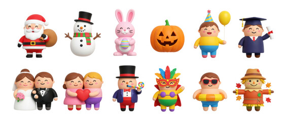 Fototapeta premium Collection of cute 3D holiday characters representing various seasonal events like Christmas, Halloween, and Easter, showing a festive set of icons for multiple celebrations